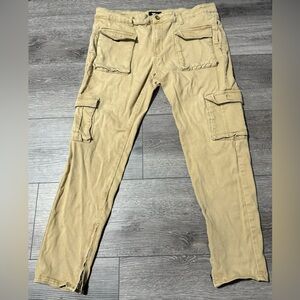 men beige tan khaki cargo pants pockets zipper straight tapered slim 38 fn